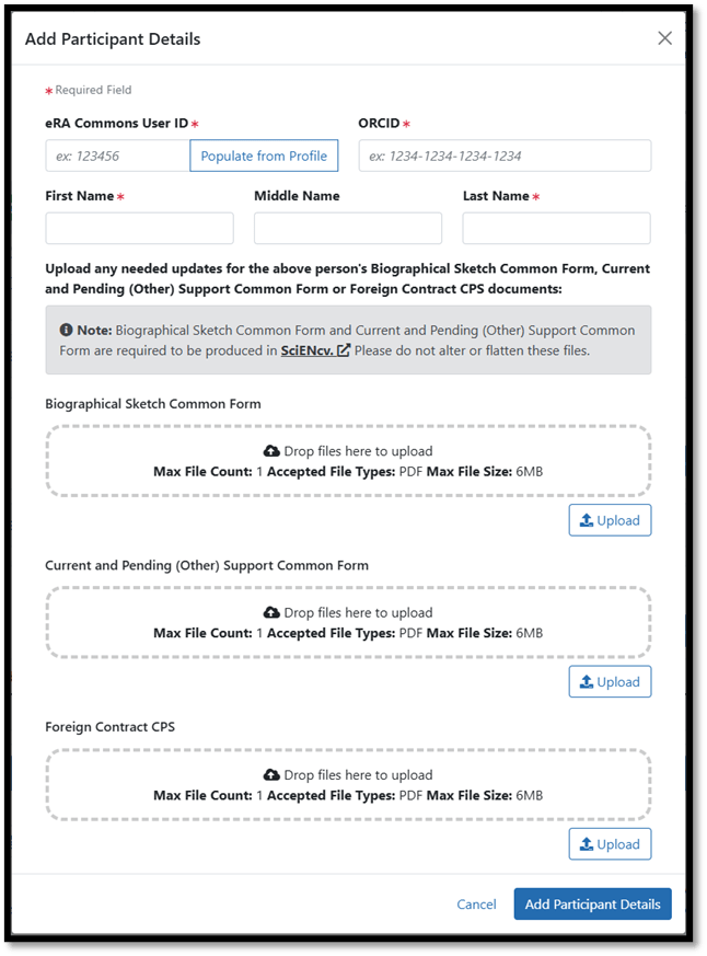 Add Participant Details modal where Senior/Key Personnel details are added including the eRA Commons User ID, ORCID, Name and Common Form PDFs.