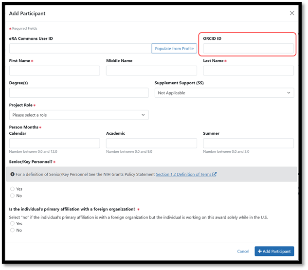 RPPR Participant Modal including ORCID iD 