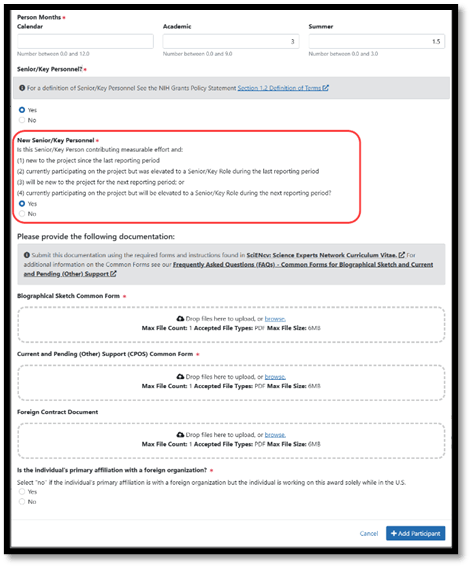 Participant Modal when the participant is selected as both Senior/Key Personnel and