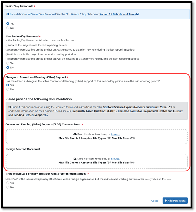 Participant Modal when the participant is selected as Senior/Key Personnel and a change in Current and Pending (Other) Support is indicated (previously, Question D.2.c.)