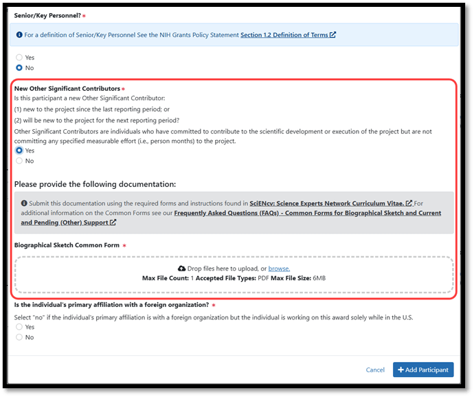 Participant Modal when the participant is selected as not Senior/Key Personnel and is a New Other Significant Contributor (previously, Question D.2.d).